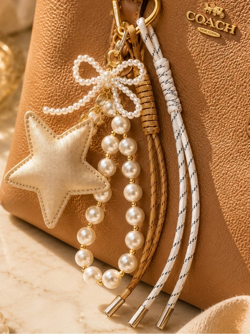 Golden Heritage Star Cluster Bag Charm | Pearl Bow Keychain - Picture 3 of 4